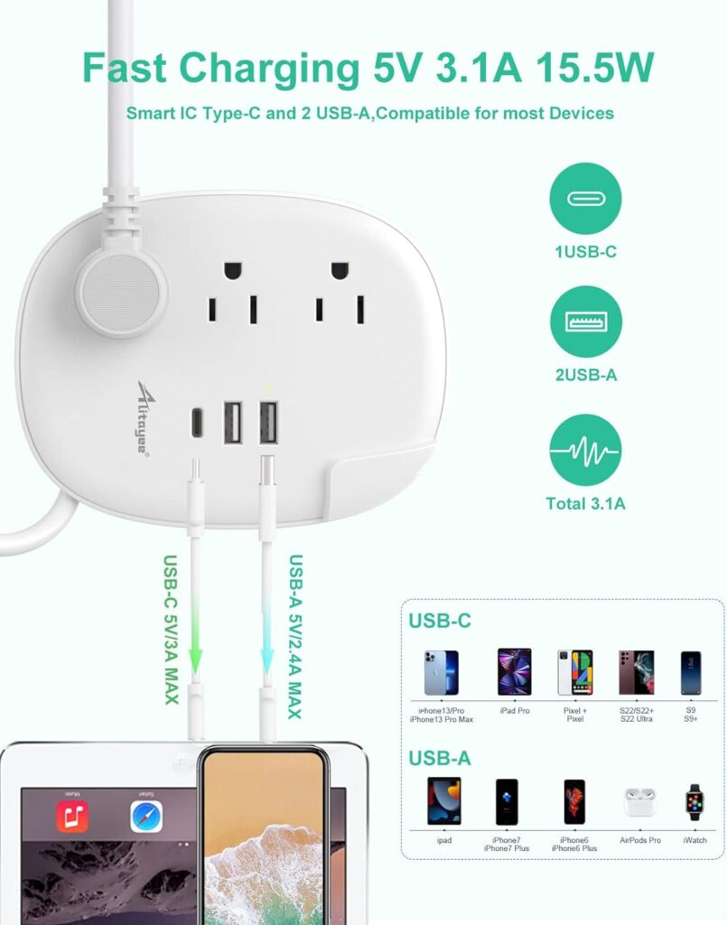 Alitayee USB C Portable Travel Power Strip with 3 Outlets 3 USB Ports Fast Charge, USB Extension Cord with Flat Plug and 3ft Wrapped Around Extension Cord for Cruise Travel Home Office