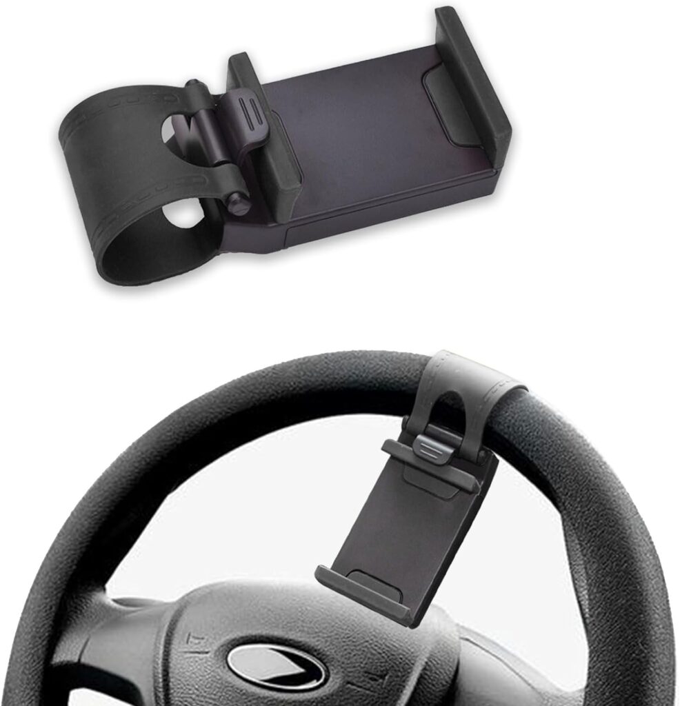 Jsorum Car Steering Wheel Phone Mount, Steering Wheel Smartphone Mount, Portable Steering Wheel Phone Holder Mount Clip Fit for IPhone14/13/12/11 Pro Max/XR/XS/S21/S20/S10/Note 10 (Black)