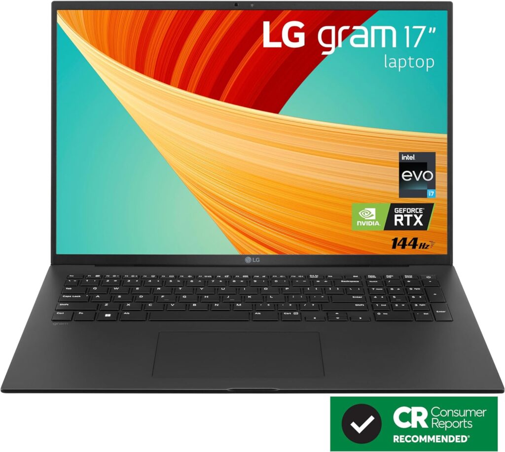 LG gram 17” Lightweight Laptop, Intel 13th Gen Core i7 Evo Platform, Windows 11 Home, NVIDIA RTX3050 4GB GPU, 32GB RAM, 2TB SSD, Black