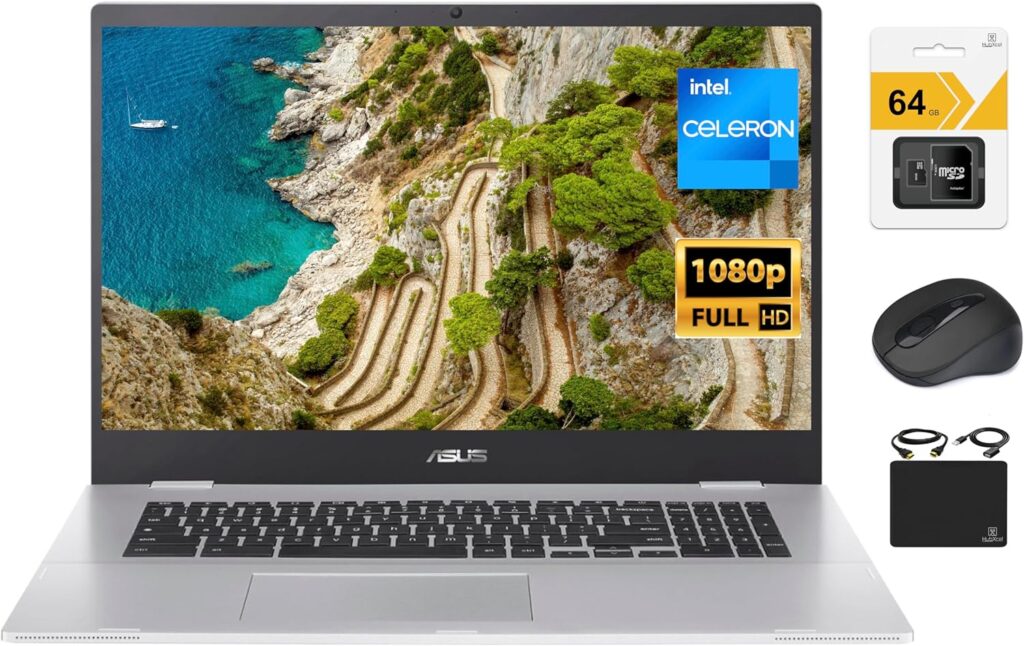 ASUS 2023 Flagship 17.3 FHD Chromebook Laptop, Intel Celeron N4500 (Upto 2.8GHz), 4GB RAM, 128GB (64GB eMMC+64GB SD), Webcam, WiFi 6,UHD Graphic, WiFi 6,10+ Hours Battery,Chrome OS +HubxcelAccessory