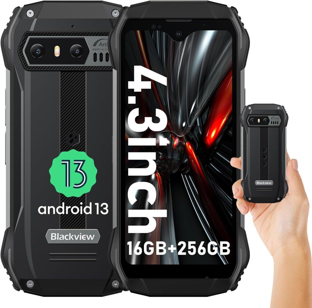 Blackview 4.3 inch Mini Mobile Phone, N6000 Rugged Phones Unlocked 2023, 16GB+256GB, Dual SIM 4G, Android 13 Cell Phone, 208g Weight, 48MP Camera, IP68 Waterproof Phones, 18W Fast Charge 3880mAh, NFC