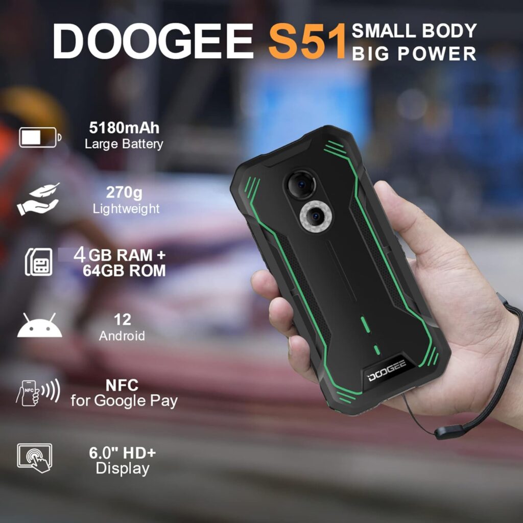 DOOGEE S51 Rugged Smartphone Unlocked Android 12, Helio G25 4GB+64GB 5180mAh Battery, Dual SIM 4G, 6.0 IPS HD, IP68 Waterproof IP69K Rugged Phone, NFC, AI Double Camera (12MP+2MP) 8MP Front Green