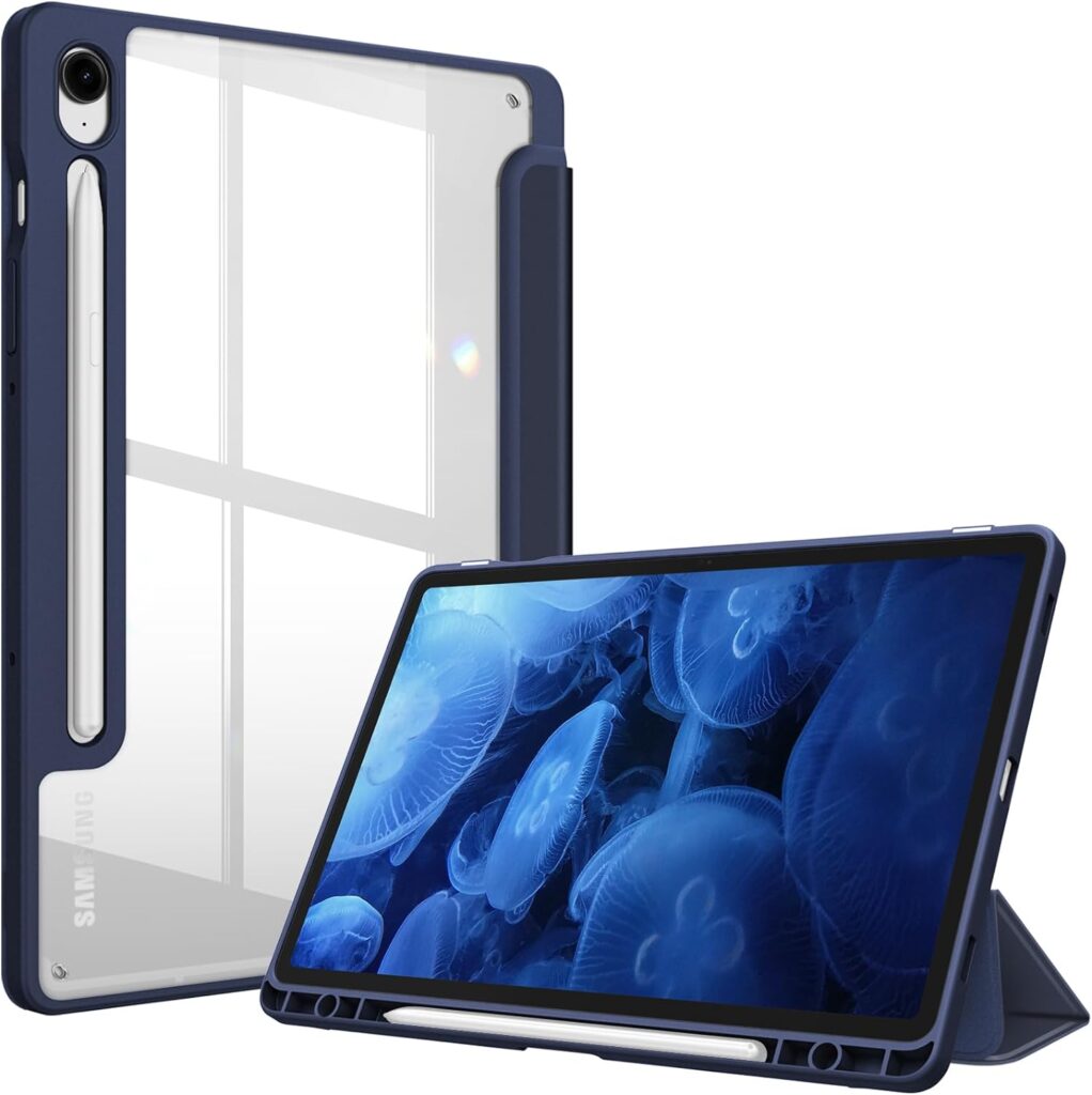 Fintie Hybrid Slim Case for Samsung Galaxy Tab S9 FE 5G 10.9 Inch/Galaxy Tab S9 11 Inch 2023 with S Pen Holder, Shockproof Cover with Clear Transparent Back Shell, Auto Wake/Sleep, Navy