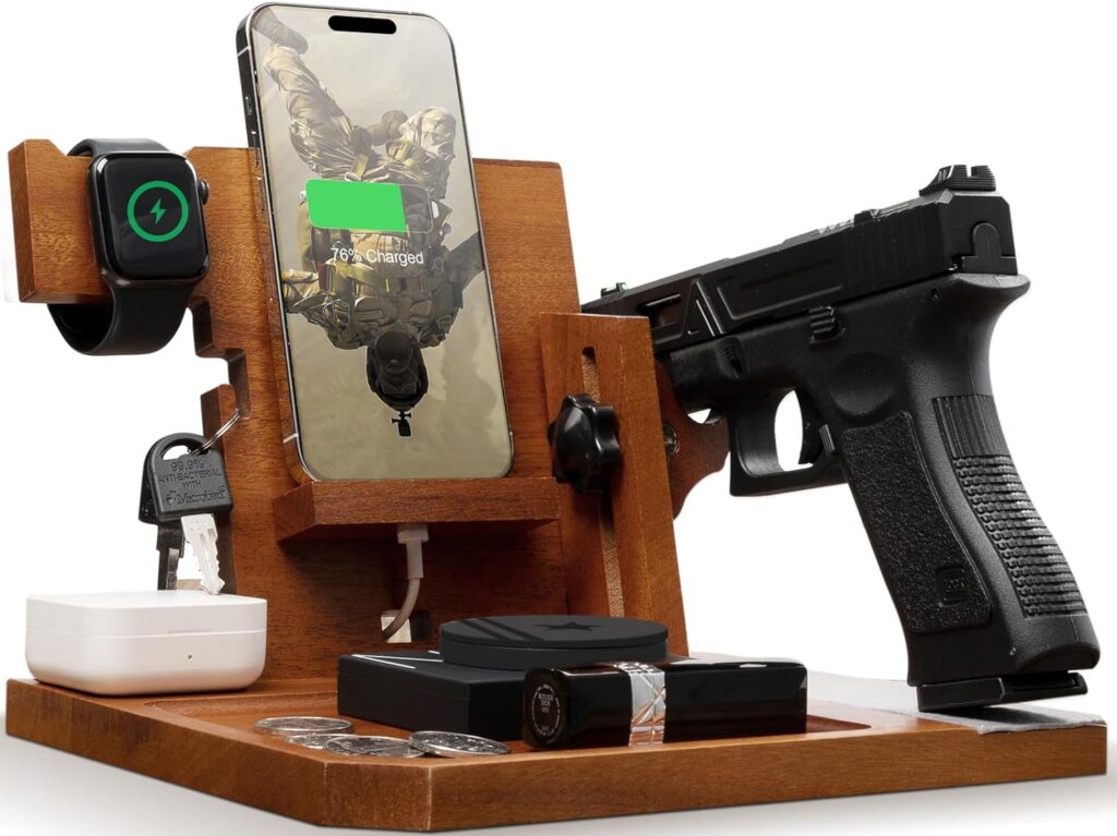 OneTigris Wood Gun Rack Phone Docking Station, Nightstand Bedside Organizer Earphone Watch Stand Key Holder Wallet Tray with Gun Rack, Xmas Gifts for Men Husband Dad Boyfriend