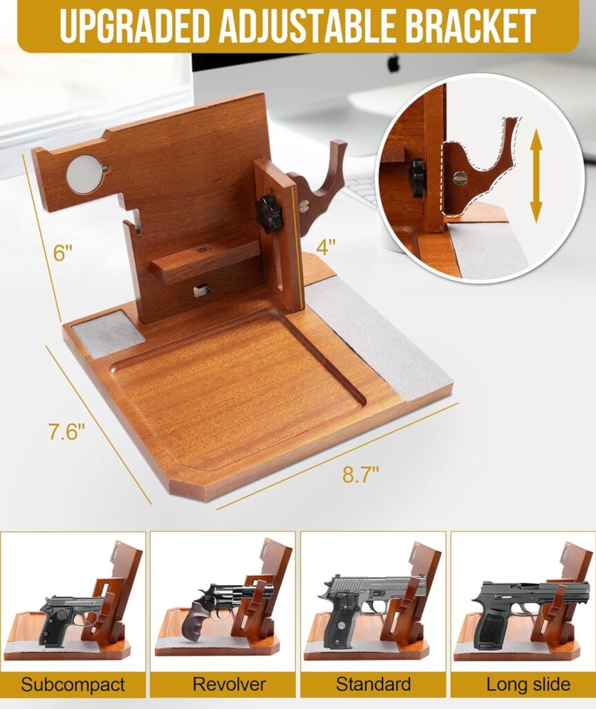 OneTigris Wood Gun Rack Phone Docking Station, Nightstand Bedside Organizer Earphone Watch Stand Key Holder Wallet Tray with Gun Rack, Xmas Gifts for Men Husband Dad Boyfriend