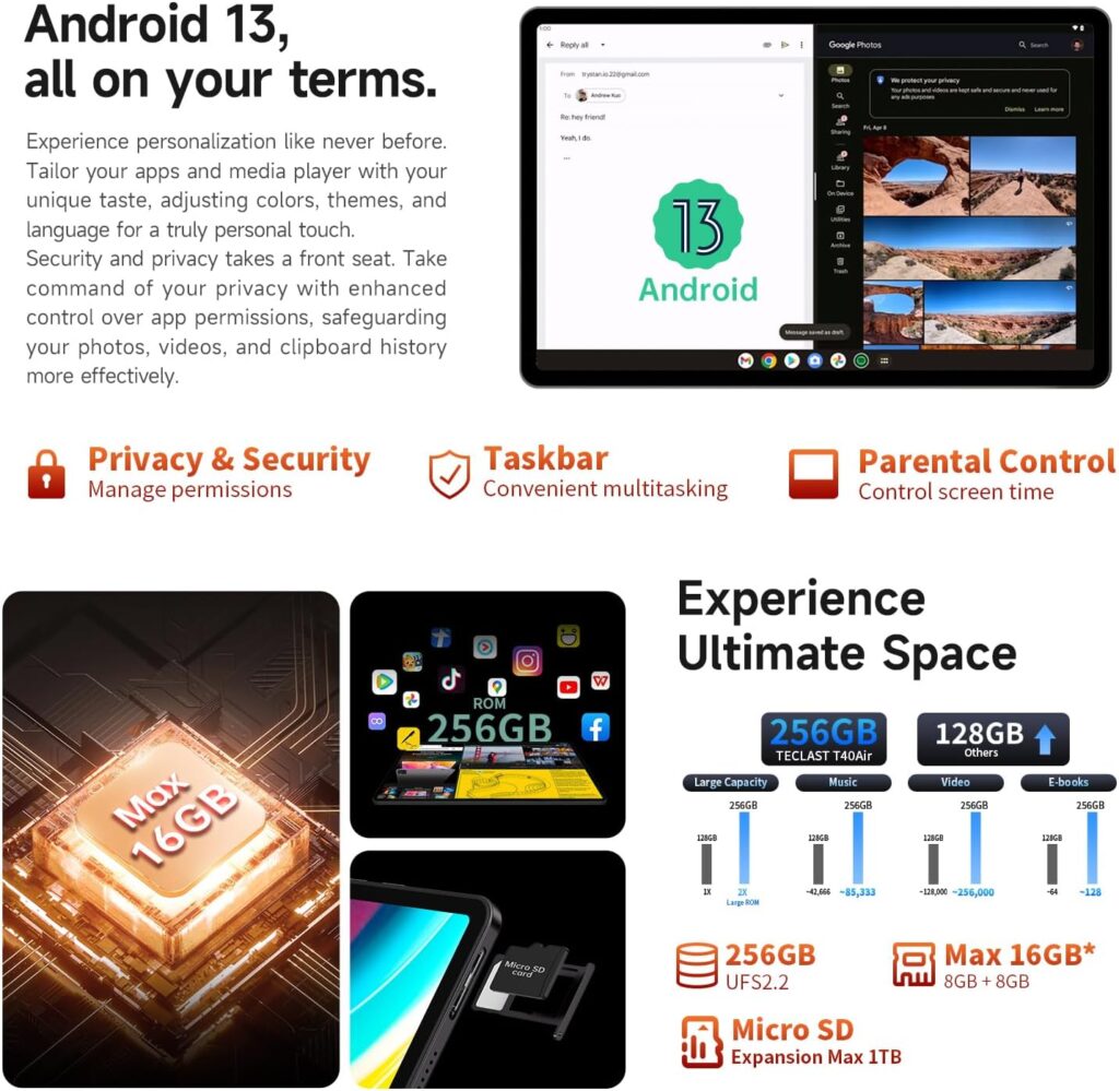 TECLAST Android 13 Tablet 10.4 inch Tablet, T40Air 16GB+256GB Tablet, 1TB Expand, Octa-Core Processor Android Tablets, 2000 * 1200 FHD, 2.4G/5G WiFi,7200mAh, PD Fast Charger,GPS, 5MP+13 MP Dual Camera