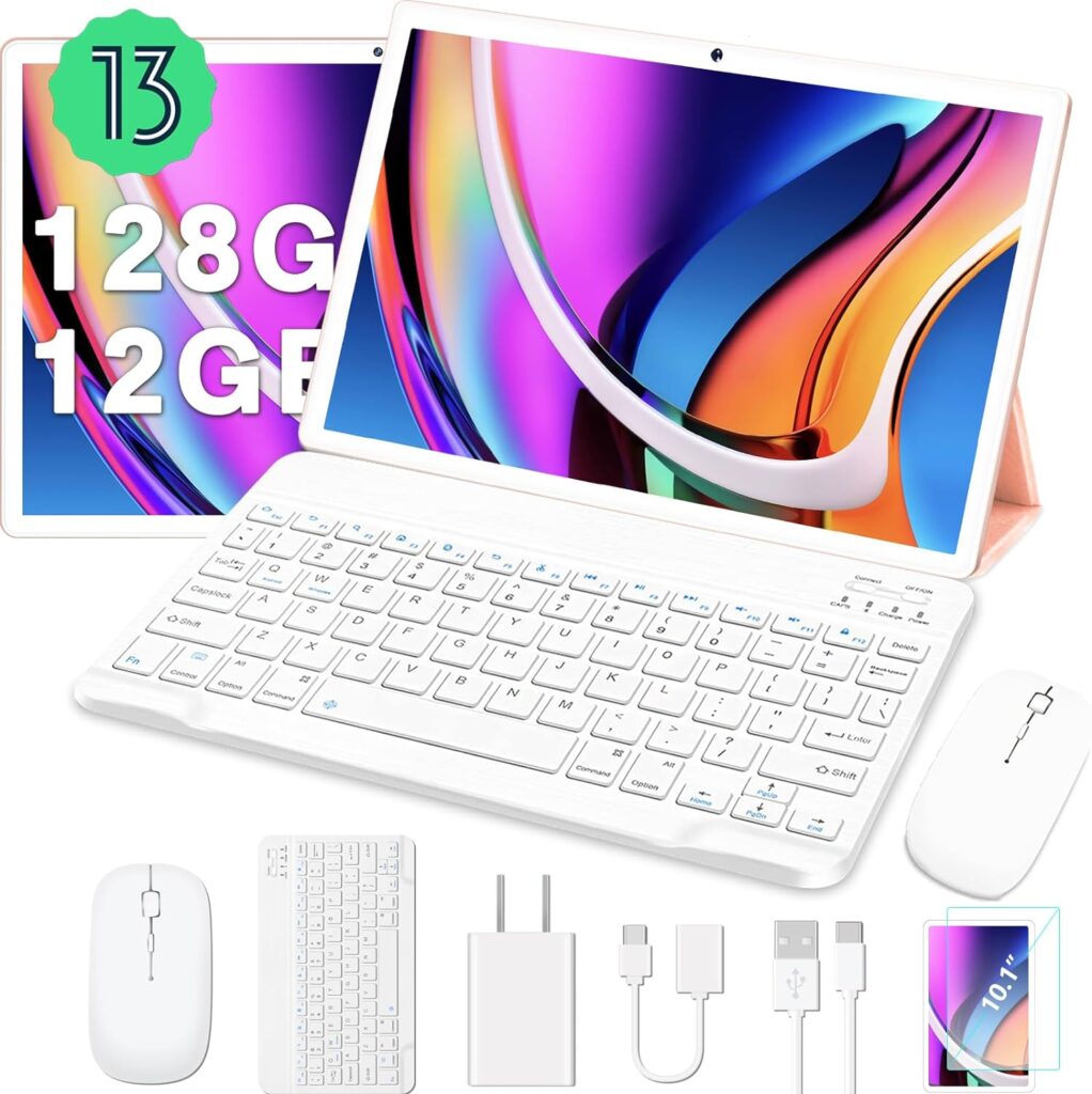 2024 Newest Tablet 10 inch 12GB RAM + 128GB ROM (1TB TF) Android 13 Cores 2.0Ghz, WiFi 5G+2.4G, Bluetooth 5.0, GPS, Google GMS, 8000mAh Battery, 8+5MP, Metal Body, with Case, Keyboard and Mouse, Gold