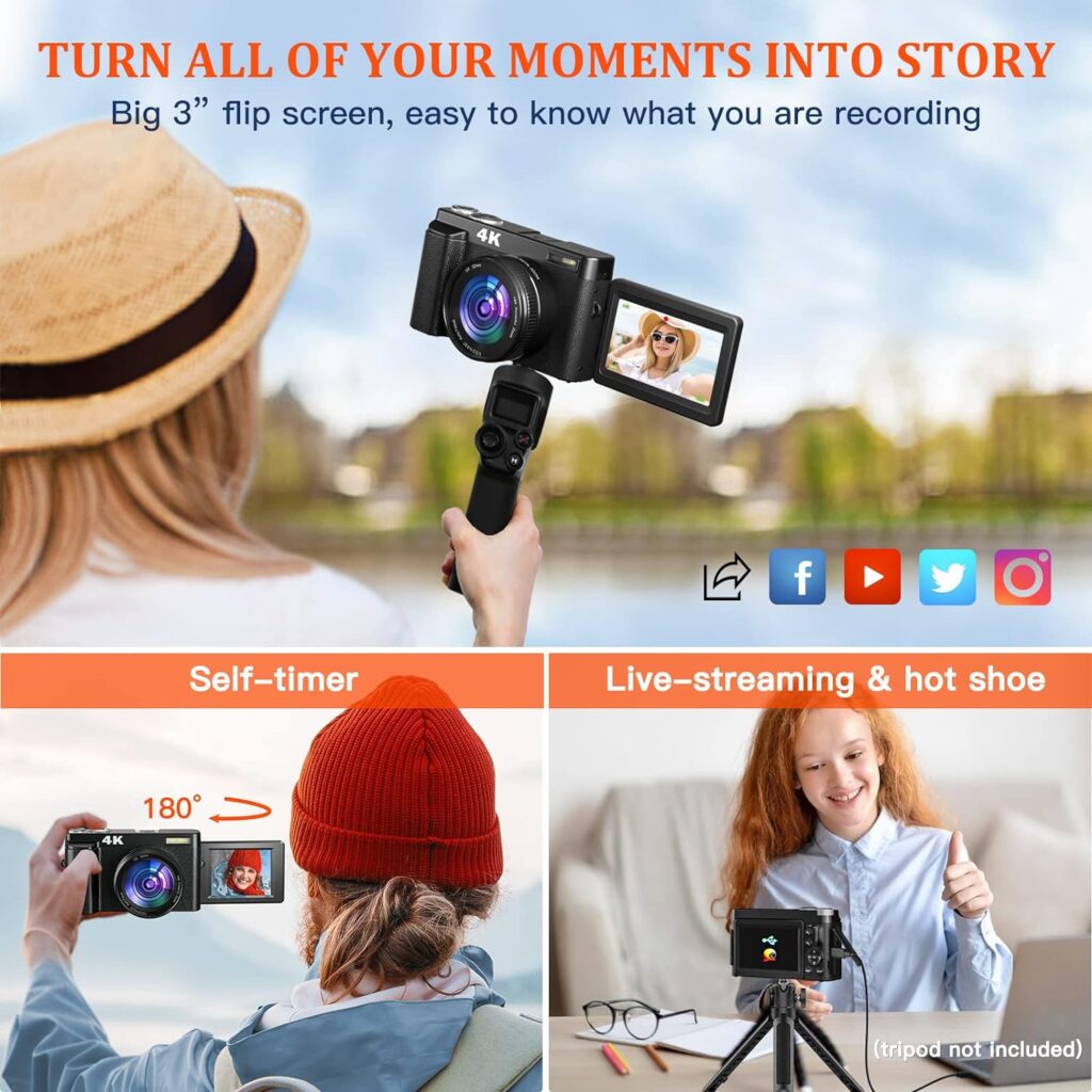 4K Digital Camera for Photography and Video Autofocus 48MP Vlogging Camera for YouTube with SD Card 3” Flip Screen Flash 16x Zoom Anti-Shake Travel Camera 2 Batteries|Battery Charger for Beginner