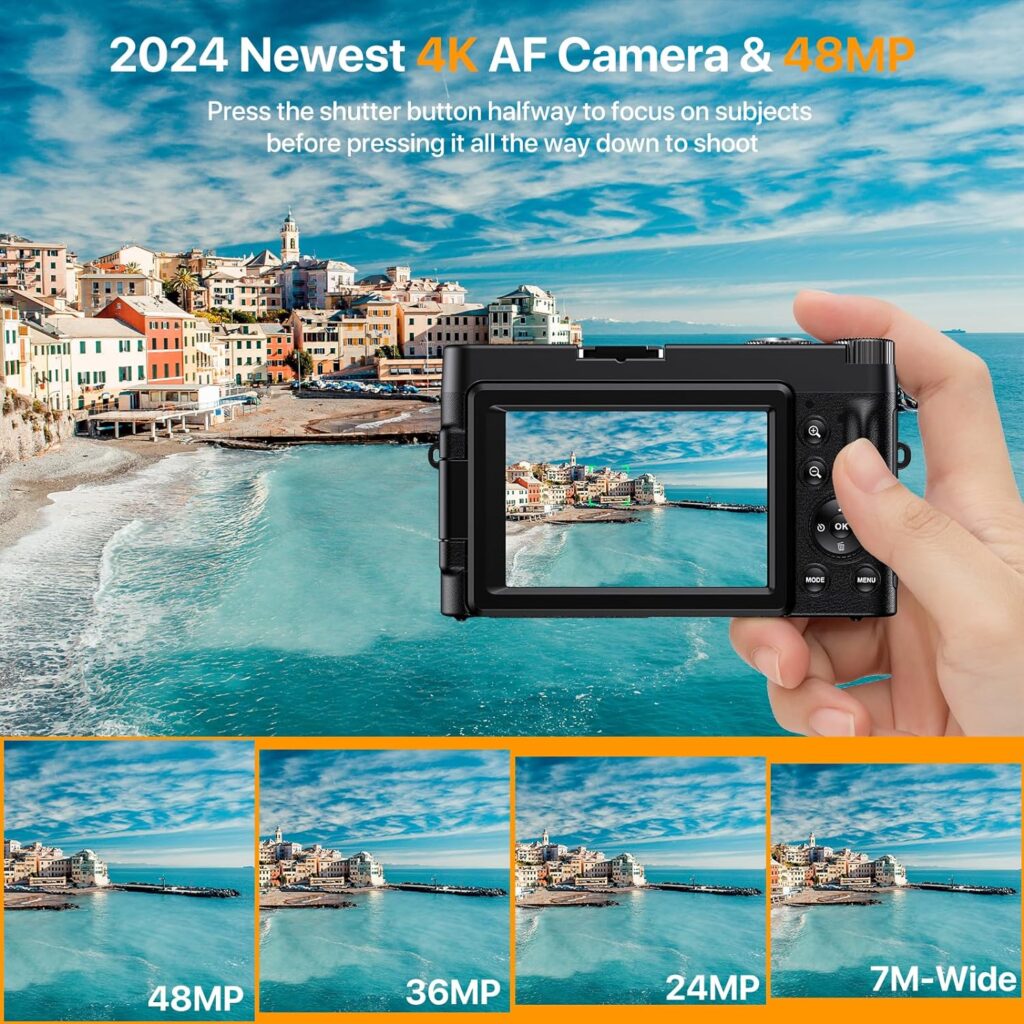 4K Digital Camera for Photography Auto-Focus 4K Camera with 180° 3.0 inch Flip Screen 16X Anti-Shake Vlogging Camera for YouTube Video Compact Cameras with SD Card, 2 Batteries and Battery Charger