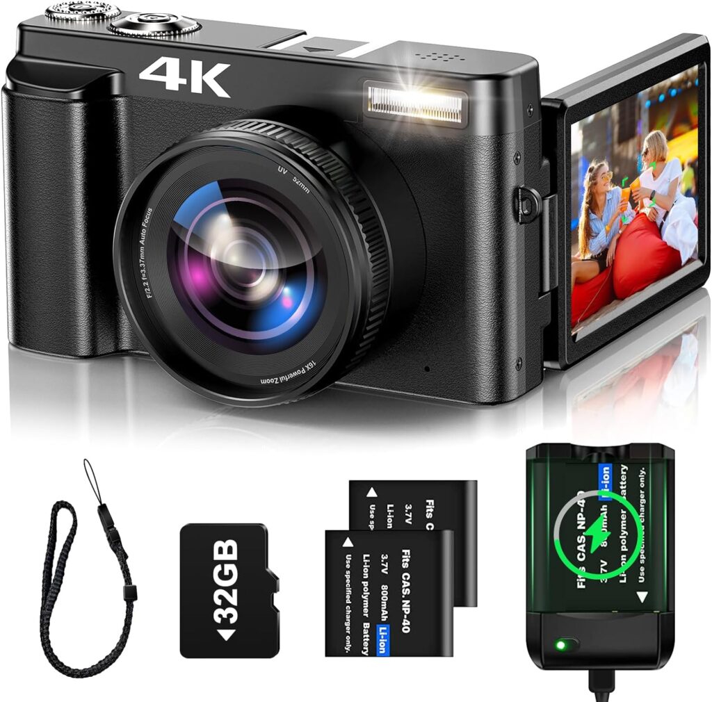 4K Digital Camera for Photography Auto-Focus 4K Camera with 180° 3.0 inch Flip Screen 16X Anti-Shake Vlogging Camera for YouTube Video Compact Cameras with SD Card, 2 Batteries and Battery Charger