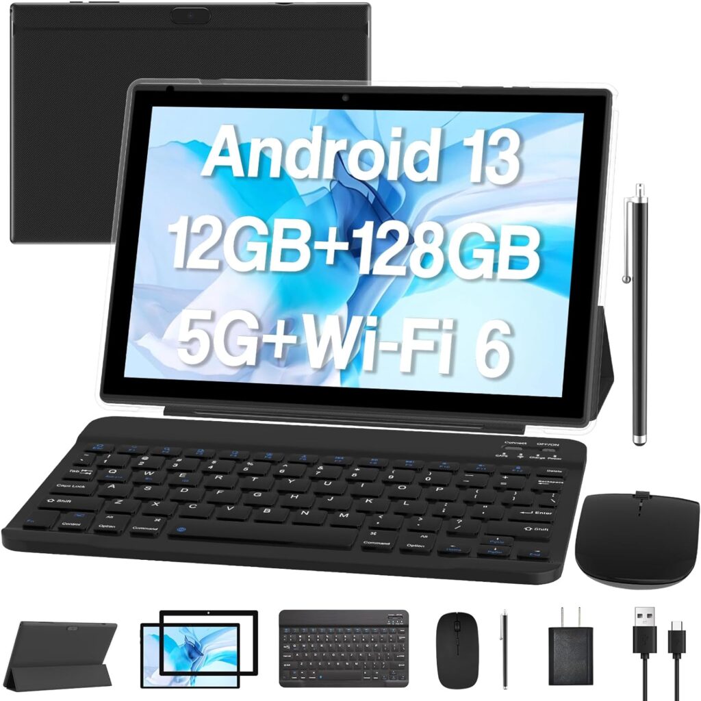 Android 13 Tablet 10 Inch, 2024 Newest 12GB RAM+128GB ROM/1TB Expandable Tablets PC, 2 in 1 Tablets with Keyboard, Quad-Core 2.0GHz CPU HD Screen, Google Certified 5G WiFi 6 BT 5.0, 8MP Camera Tableta