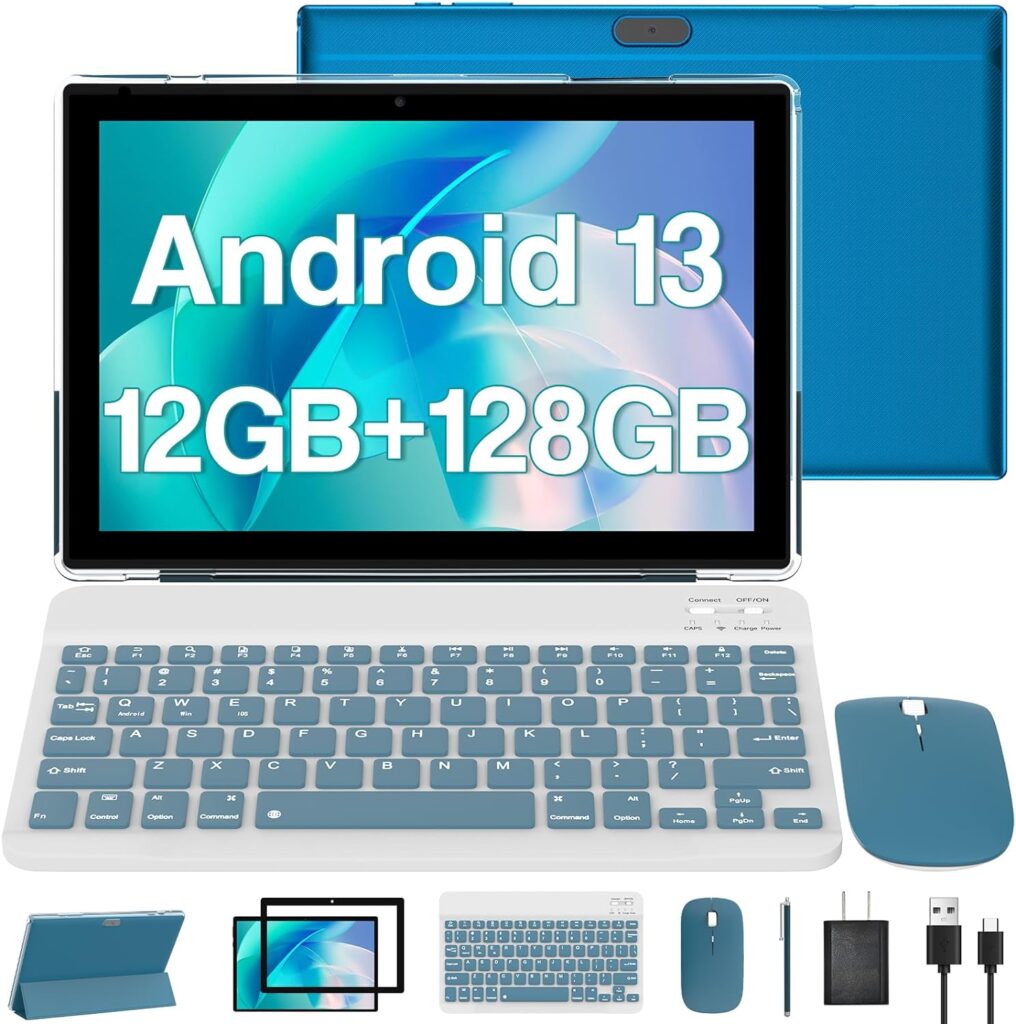 Android 13 Tablet 10 Inch, 2024 Newest 12GB RAM+128GB ROM/1TB Expandable Tablets PC, 2 in 1 Tablets with Keyboard, Quad-Core 2.0GHz CPU HD Screen, Google Certified 5G WiFi 6 BT 5.0, 8MP Camera Tableta