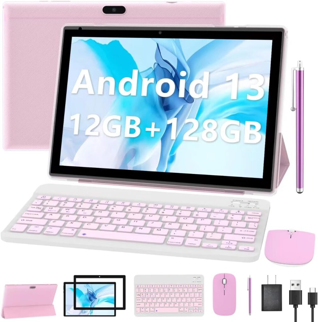 Android 13 Tablet 10 Inch, 2024 Newest 12GB RAM+128GB ROM/1TB Expandable Tablets PC, 2 in 1 Tablets with Keyboard, Quad-Core 2.0GHz CPU HD Screen, Google Certified 5G WiFi 6 BT 5.0, 8MP Camera Tableta