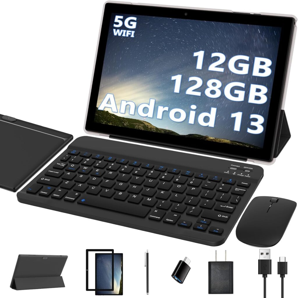 BYANDBY 2024 Newest Android 13 Tablet 10 Inch，2 in 1 Tablet with Keyboard 12GB+128GB+1TB Expandable, 2.4G/5G Wi-Fi 6,IPS Touch, Dual Camera, Games, Computer Tablets with Case (Black)