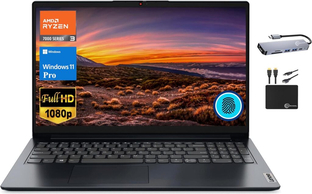 Lenovo IdeaPad Business Laptop 2024, 15.6 FHD Display, Quad-Core AMD Ryzen 3 7320U (Beat i5-1035G7), 8GB DDR5 RAM, 512GB PCIe SSD, Radeon Graphics, Fingerprint, Wi-Fi 6, Win 11 Pro +MarxsolAccessory