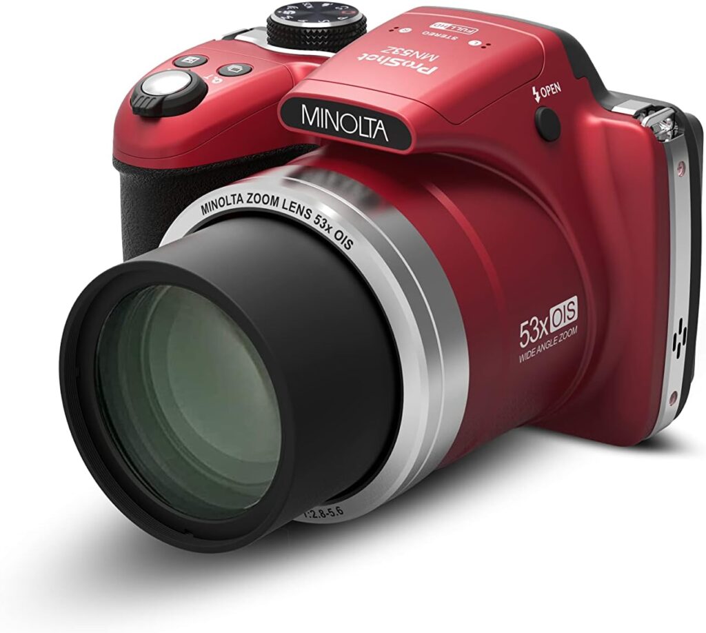 Minolta Pro Shot 16 Mega Pixel HD Digital Camera with 53x Optical Zoom, Full 1080p HD Video  16GB SD Card, MN53Z, Red