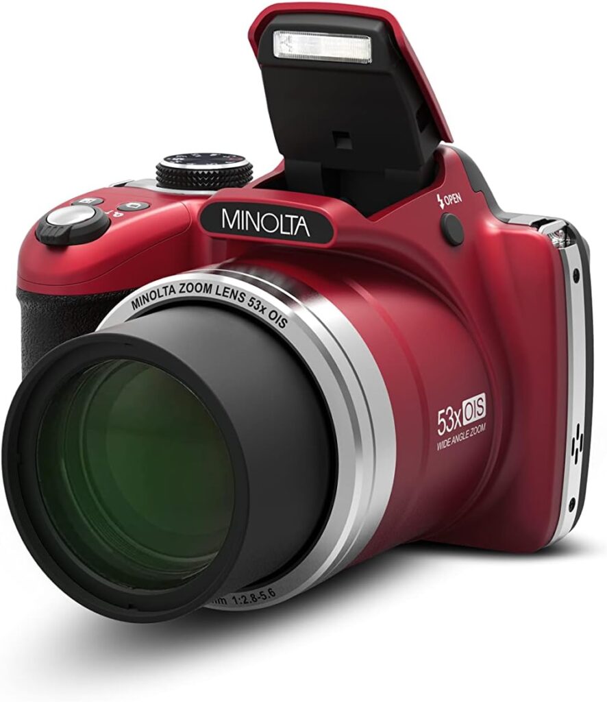 Minolta Pro Shot 16 Mega Pixel HD Digital Camera with 53x Optical Zoom, Full 1080p HD Video  16GB SD Card, MN53Z, Red