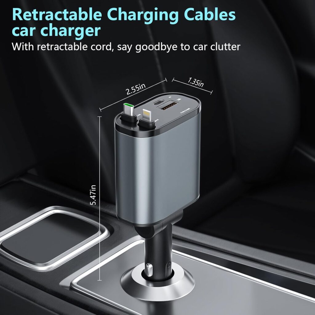 Retractable Car Charger, 4 in1 Fast Car Phone Charger 120W, 2.7Ft Retractable Cables and 4 Electronic Ports, Car Charger Compatible for iOS  Android Cell Phones All Device Charging