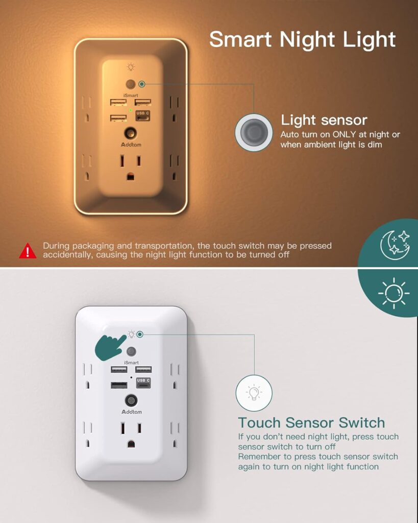 Surge Protector, Multi Plug Outlet Extender with Night Light for Home, Office, School, Addtam 5-Outlet Splitter and 4 USB Ports(1 USB C), Wall Charger Power Strip, ETL Listed