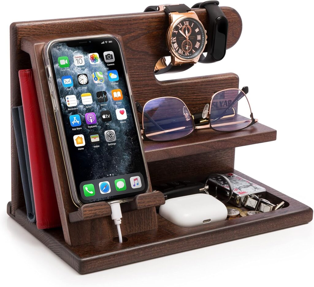 TESLYAR Wood Phone Docking Station Ash Key Holder Wallet Stand Watch Organizer Men Gift Husband Wife Anniversary Dad Birthday Nightstand Purse Father Graduation Male Travel Idea Gadgets… (Deep Brown)