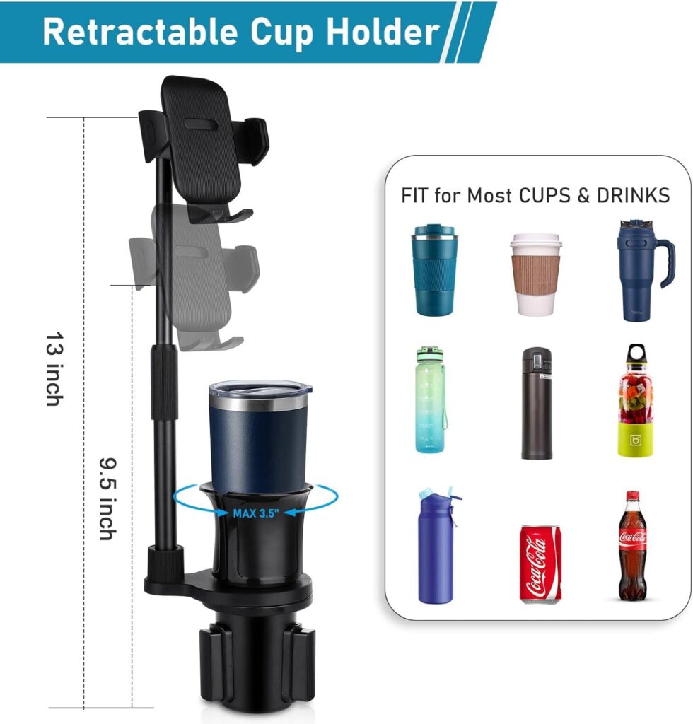 2 in 1 Cup Phone Holder for Car, Stretchable Long Neck, Compatible with iPhone 14 Pro Max, Galaxy S10 Plus, and More