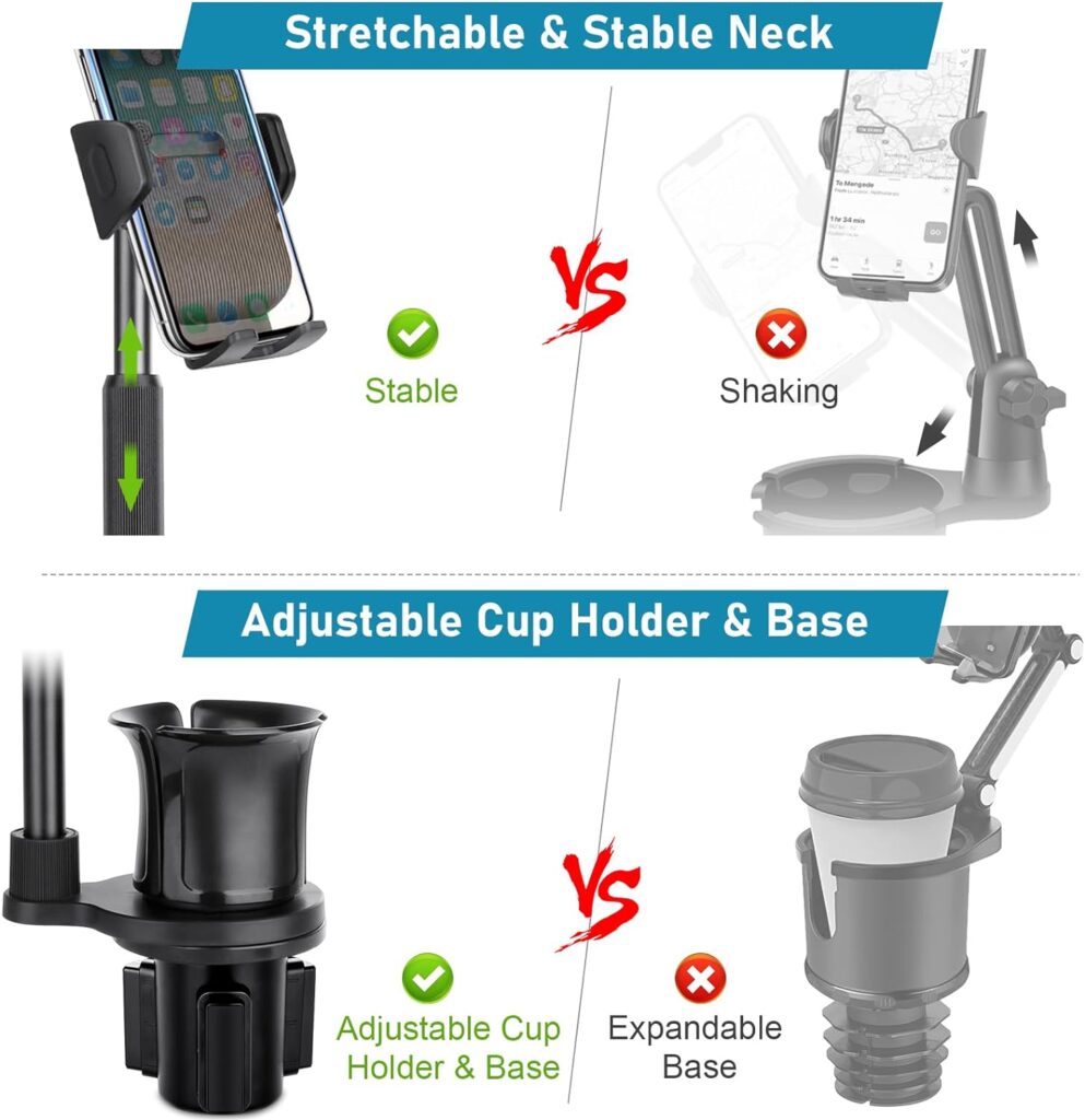 2 in 1 Cup Phone Holder for Car, Stretchable Long Neck, Compatible with iPhone 14 Pro Max, Galaxy S10 Plus, and More