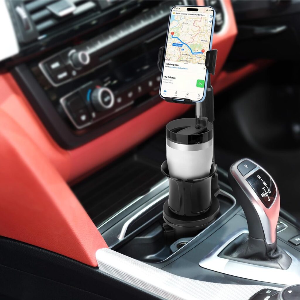 2 in 1 Cup Phone Holder for Car, Stretchable Long Neck, Compatible with iPhone 14 Pro Max, Galaxy S10 Plus, and More