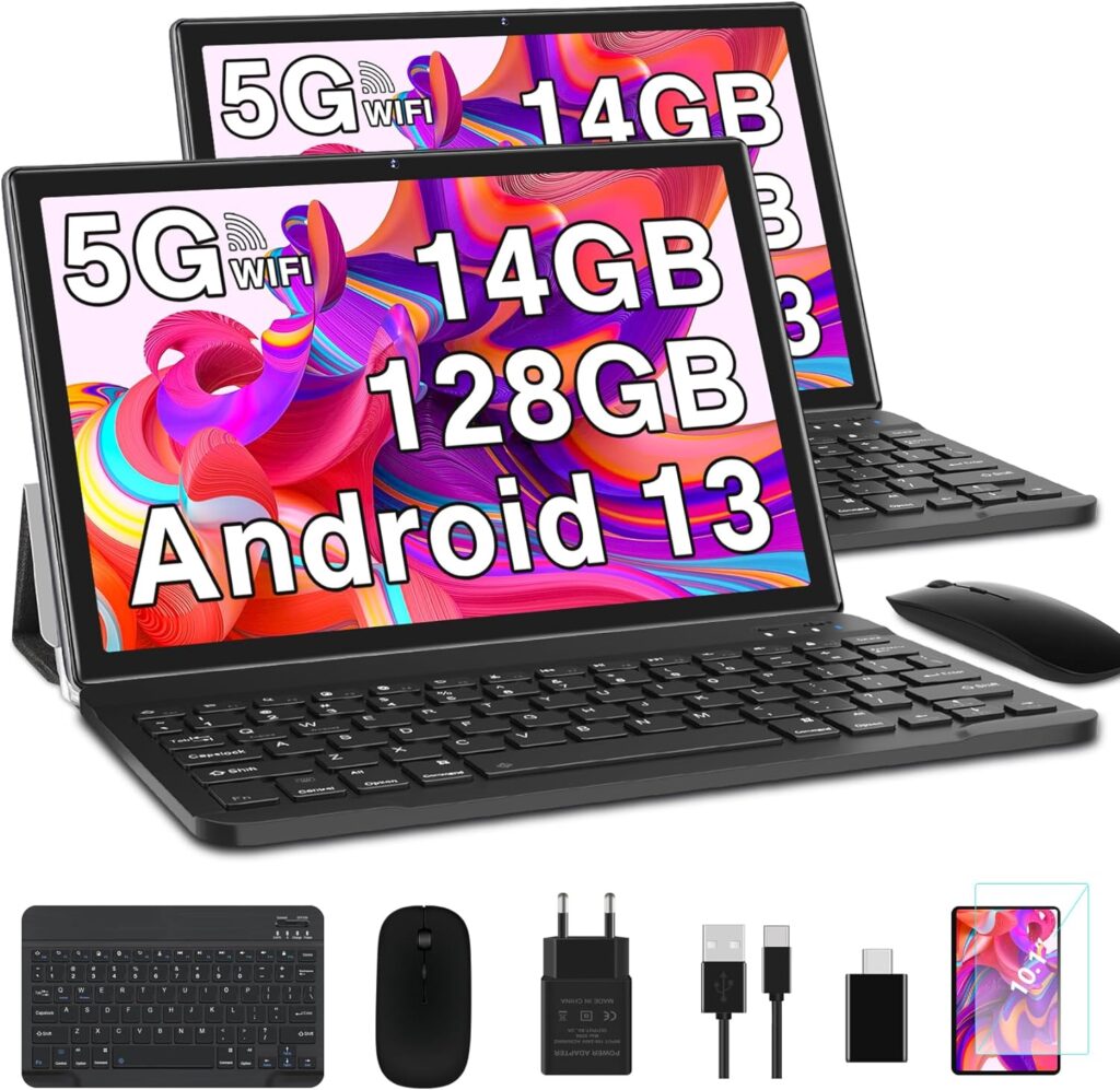 2024 Newest 10 Inch Tablet Android 13 Octa-Cores 14GB RAM 128GB ROM 1TB TF, WiFi 5G, Bluetooth 5.0, GPS, GMS, 8000mAh Battery, 8MP+5MP, OTG, Type C, Tablet PC with Case, Keyboard  Mouse - Dark