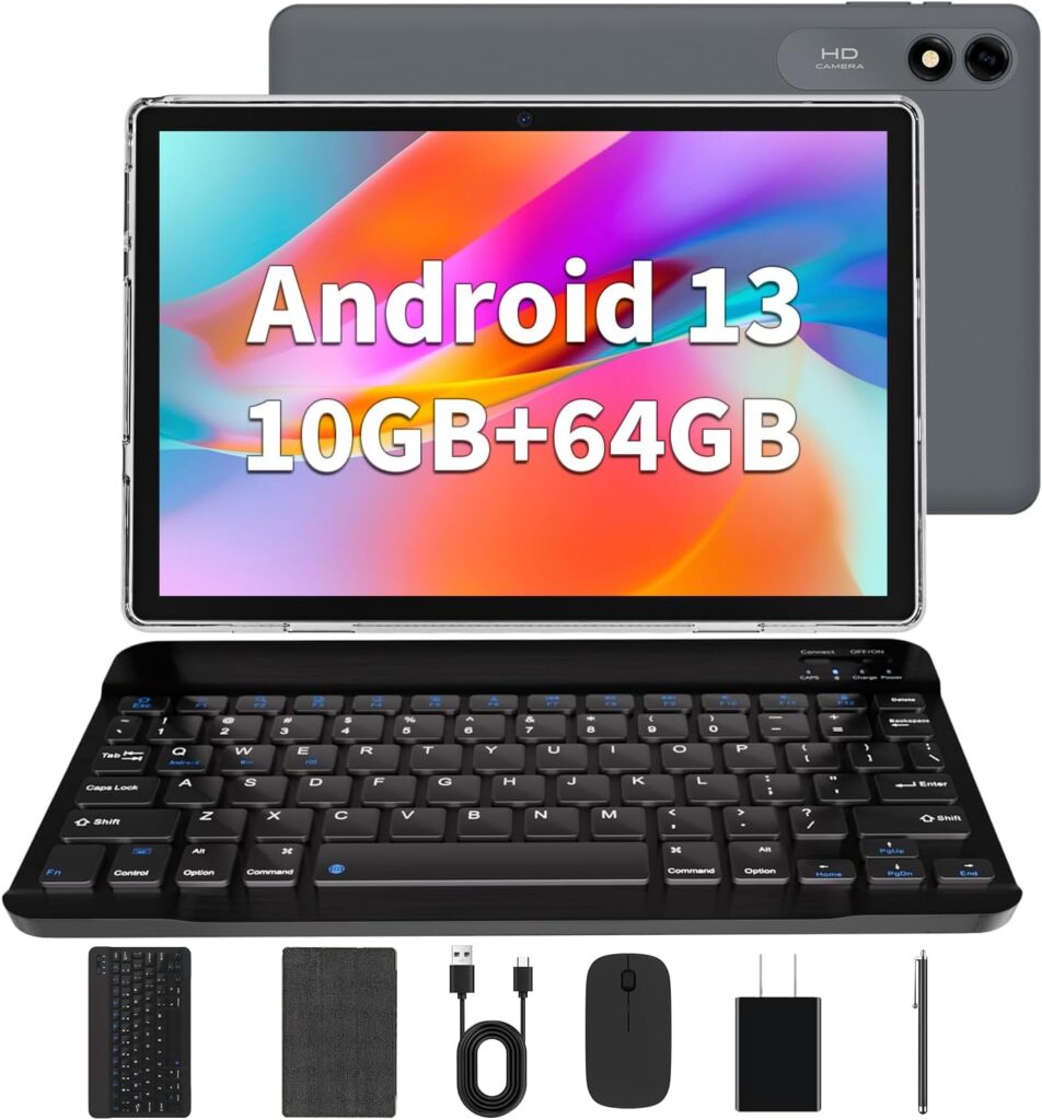 Android 13 Tablet, 10.1 inch Tablet, 2024 Latest Tablet with Keyboard, Mouse, 10GB+64GB 1TB Expand, 8000mAh, Octa-Core Processor, Dual Camera 5MP+8MP, 2.4G+5GWIFI, 1280x800 FHD IPS Touch Screen