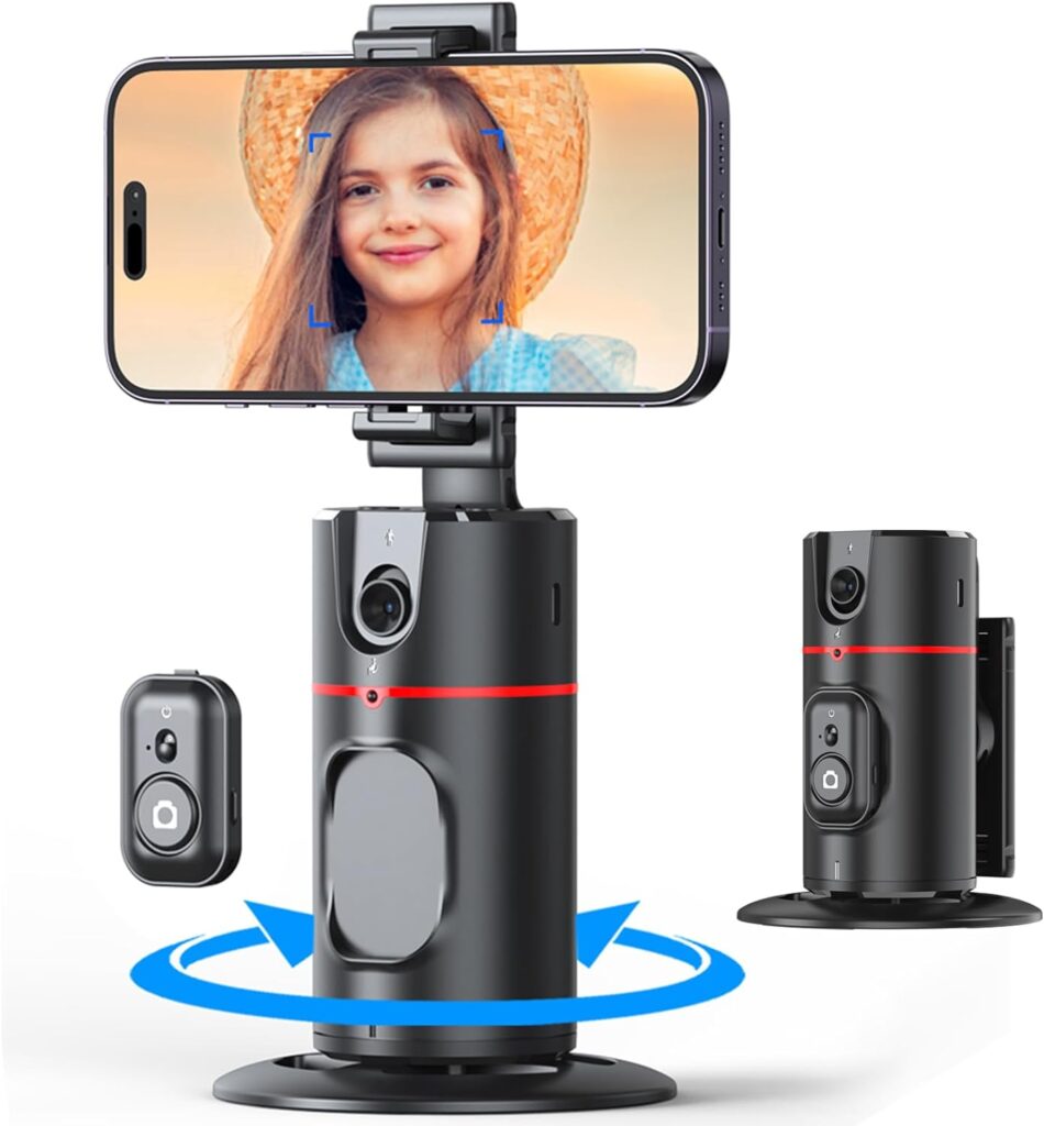 Auto Tracking Phone Holder,360° Rotation Phone Camera Mount Smart Shooting Phone Tracking Holder with Remote Selfie Stick for iPhone Android Stabilizer Shooting Live,No App,Rechargeable Battery