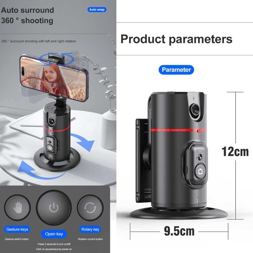 Auto Tracking Phone Holder,360° Rotation Phone Camera Mount Smart Shooting Phone Tracking Holder with Remote Selfie Stick for iPhone Android Stabilizer Shooting Live,No App,Rechargeable Battery