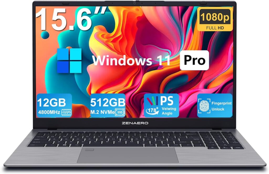 ZENAERO 15.6 Windows 11 Pro Laptop 12GB RAM 512GB NVMe SSD 12 Gen Intel Alder Lake-N95(4C4T, up to 3.4GHz) Light and Thin Notebook Computer with FHD Display丨2xType-C丨Wi-Fi5丨BT4.2丨Fingerprint Reader