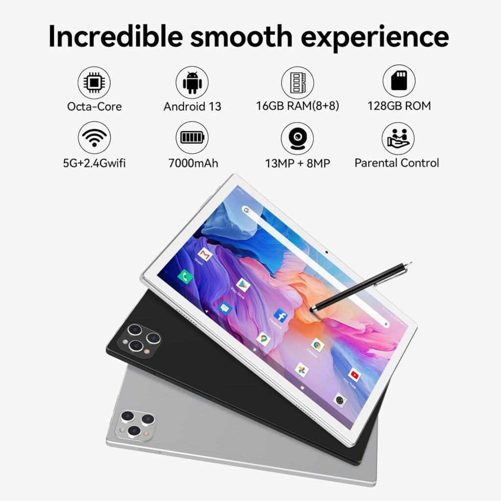 Android Tablet 10 Inch, 2024 Newest Android 13 Tablet, 128GB Storage+16GB RAM (8+8Virtual), Octa-Core Processor, 5G WiFi Tablet, 2 In 1 Tablet with Keyboard and Case, 13MP+8MP Camera (Silver)