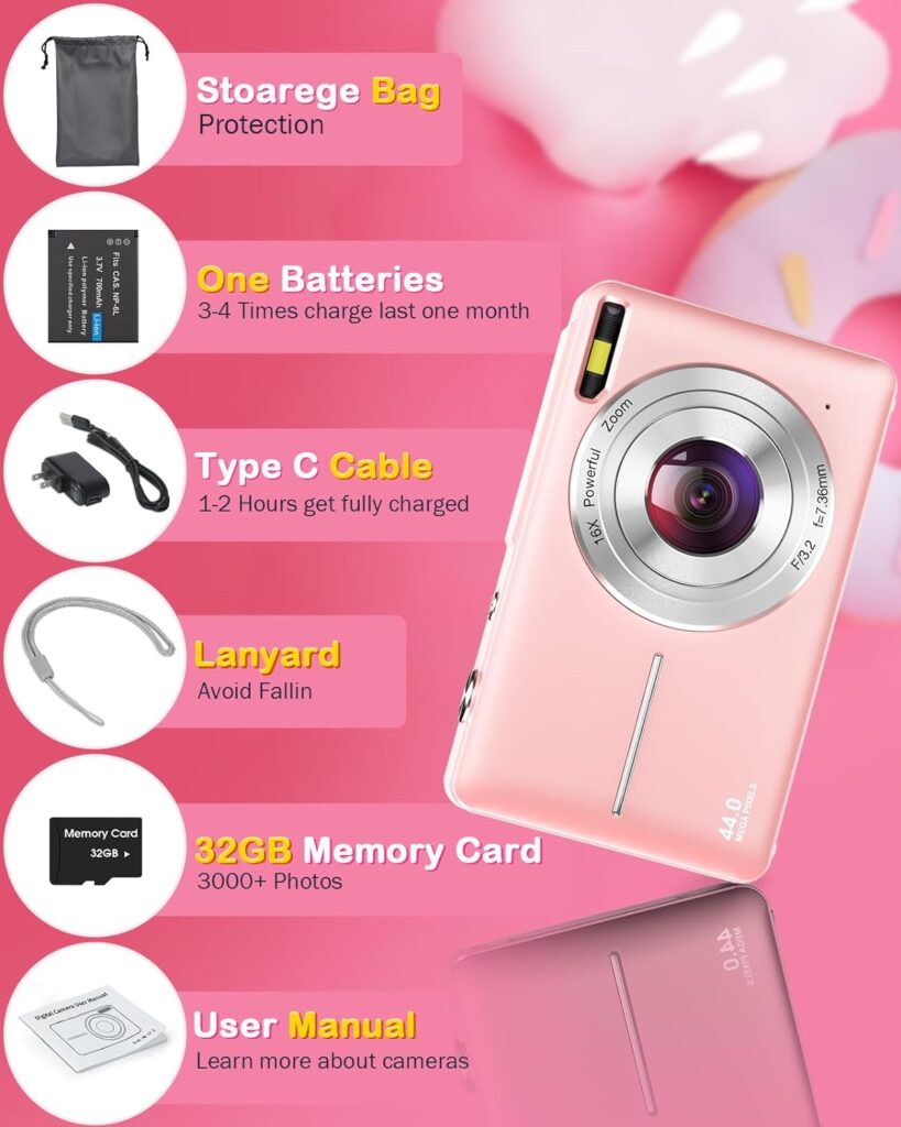 Digital Camera 2024 Newest FHD 1080P 44MP Cameras for Photography, Point and Shoot Digital Camera for Kids with 32GB Card, 16X Zoom, Anti-Shake, Compact Small Travel Camera for Girls Boys Teens Kids