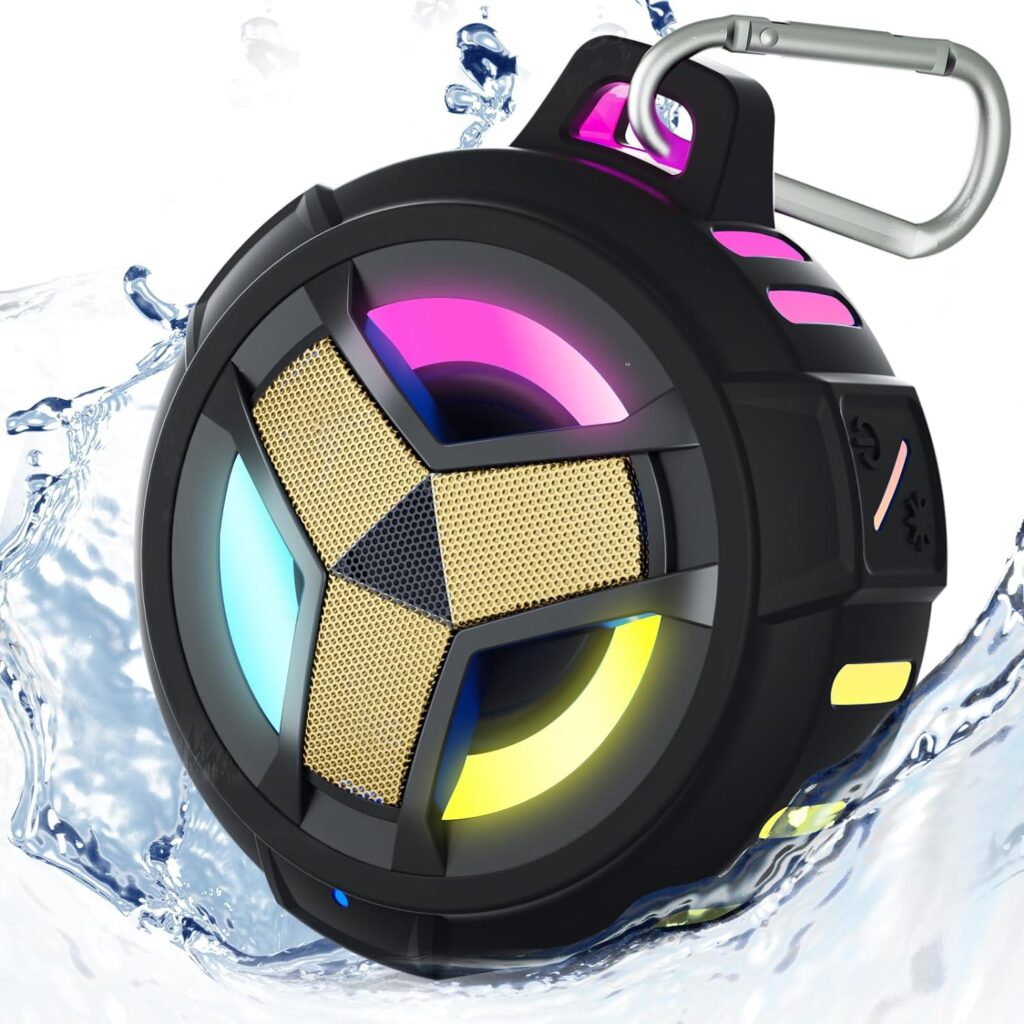 EBODA Bluetooth Shower Speaker, Portable Bluetooth Speakers, IP67 Waterproof Wireless Speaker with LED Light, Floating, 2000mAh, True Wireless Stereo for Kayak, Beach, Gifts for unisex -Black