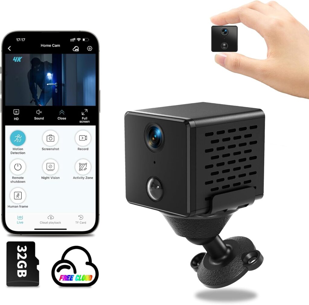 WiFi Mini Camera | Hidden Spy Camera | Free Cloud Storage  32G SD Card, 2024 4K HD Smallest Cam, 150 Days Standby Time, Surveillance Wireless Camera with AI Motion Detection, Auto Night Vision