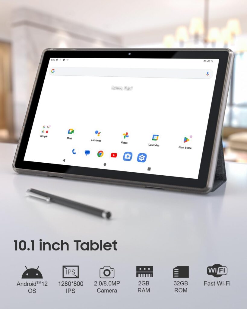 10.1-inch Android 12 tablet, 32GB ROM+2GB RAM, 2-in-1 tablet, keyboard, mouse, case, stylus, tempered film, 8-megapixel dual camera, quad-core processor, 6000mAh battery, 1280 by 800 FHD tag