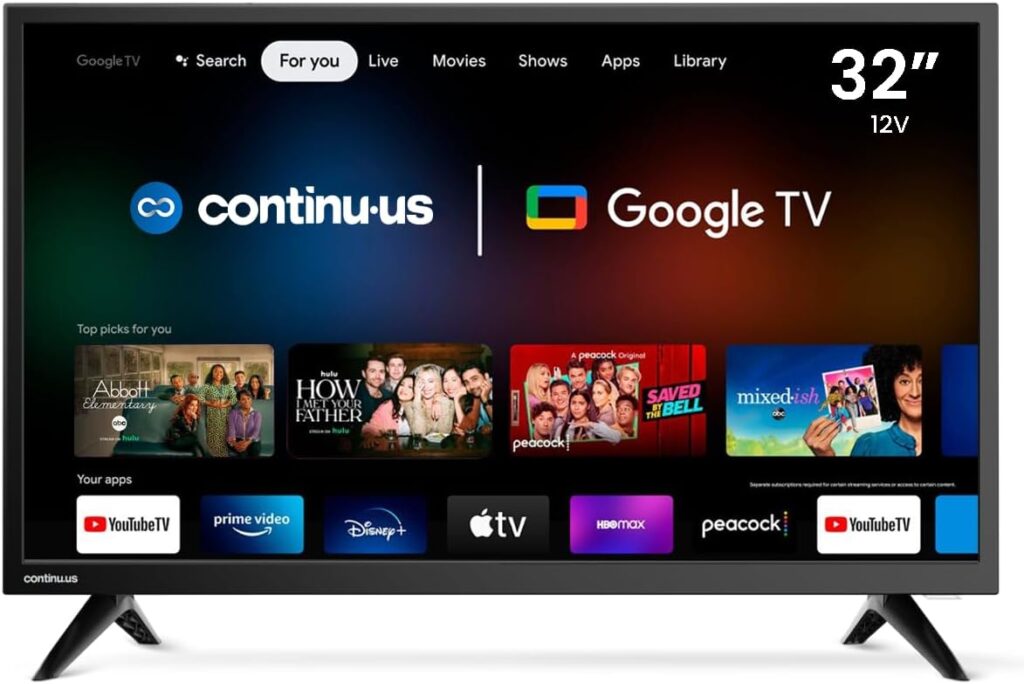 CONTINU.US 32-inch Smart 12V RV TV | 720p Android Google 12 Volt RV Television with Google Assistant, Chromecast  Free Streaming Apps | Smart TV for RVs, Campers, Boats and more | CT-32TS10