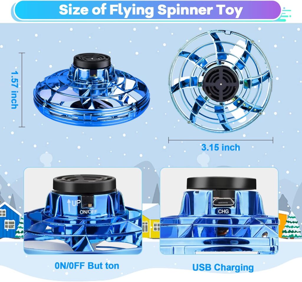 Flying Fidget Spinner,2023 Upgraded Flying Spinner Mini Hand Drone with 360 ° Rotating and LED Lights Outdoor Indoor Toy,Mini UFO Toy Drone for Boys Girls Adults (Blue)