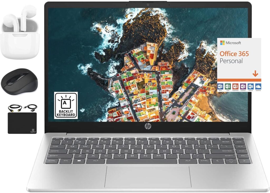 HP 2024 Newest Ultral Light Laptop Computer, 14 FHD IPS Display, Quad-Core Intel N200, 8GB DDR4, 384GB (256GB SSD+128GB UFS), Backlit KB, Webcam, Wi-Fi 6, Office 365 1-Year, Win 11S+HubxcelAccessory