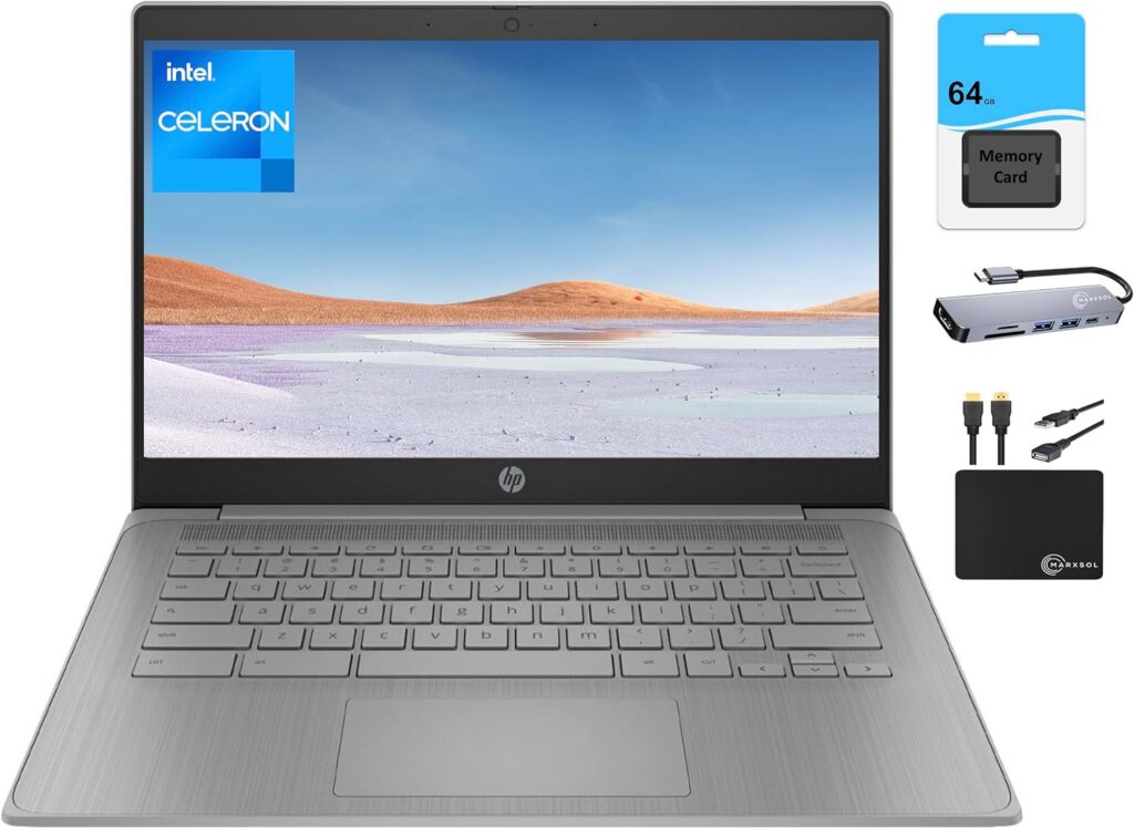 HP Chromebook 2024 Newest Laptop Student Business, 14 HD Display, Intel Celeron N4120 Processor, 4GB RAM, 128GB Storage (64GB eMMC+64GB Card), Webcam, WiFi, Long Battery, Chrome OS+MarxsolAccessory