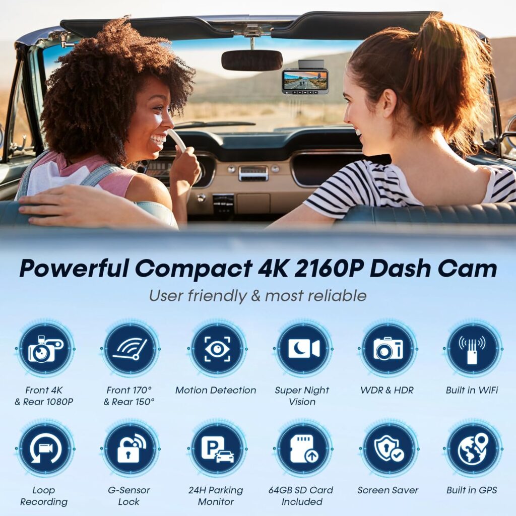 Smart Dash Cam GPS APP: 4K 2160P USB Easy Install 5G WiFi Front Rear Car Camera Night Vision Loop Recording 3.16’’ Screen Mini Dashcams 64GB Card 24H Parking Monitor 170°Wide View DoHonest ZD72