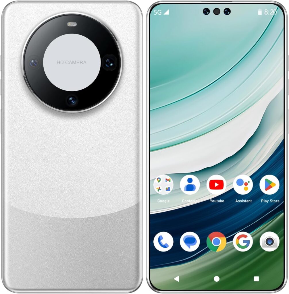 XUANMEIKE Unlocked Cell Phones Mate 60 pro Android Phones 12GB+512GB Deca Core | 6.7 Display | 48MP+108MP HD Camera | Android 13 | 6000mAh | 5G Dual SIM Smart Phone(White)